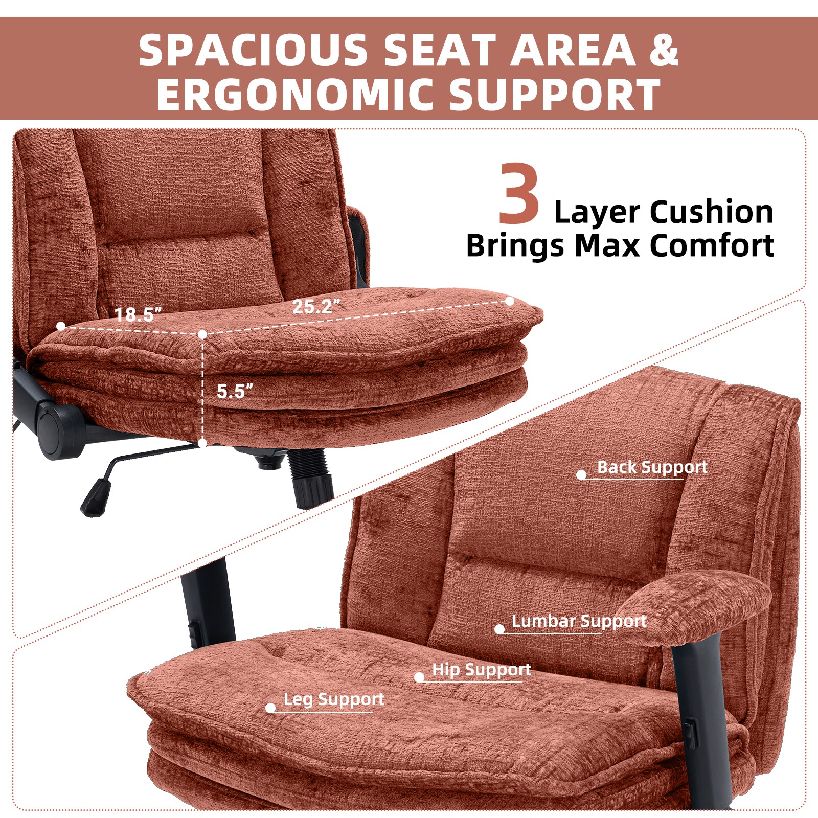 Criss Cross Chair With Wheels And Flip Arms, Upholstered Cross Legged Office Chair With 3 Layer Cushions&Dynamic Airbag Lumbar Support, Wide Seat Comfy Desk Chair For Home Office, Living Room, Orange_maomaolike.com